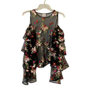 Impulsive Sheer Floral Embroidered Cold Shoulder Ruffle Sleeve Women’s Blouse
